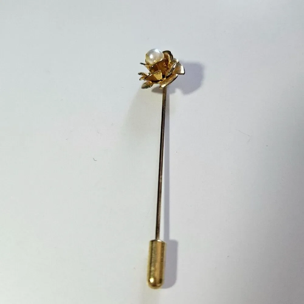 Gold tone flower stick pin faux pearl rose